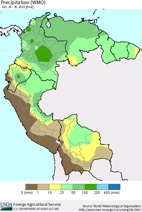 Northern South America Precipitation (WMO) Thematic Map For 10/24/2022 - 10/30/2022