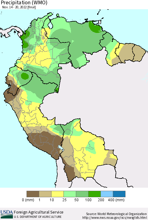 Northern South America Precipitation (WMO) Thematic Map For 11/14/2022 - 11/20/2022