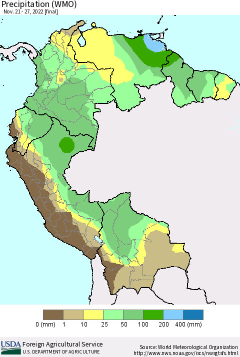 Northern South America Precipitation (WMO) Thematic Map For 11/21/2022 - 11/27/2022