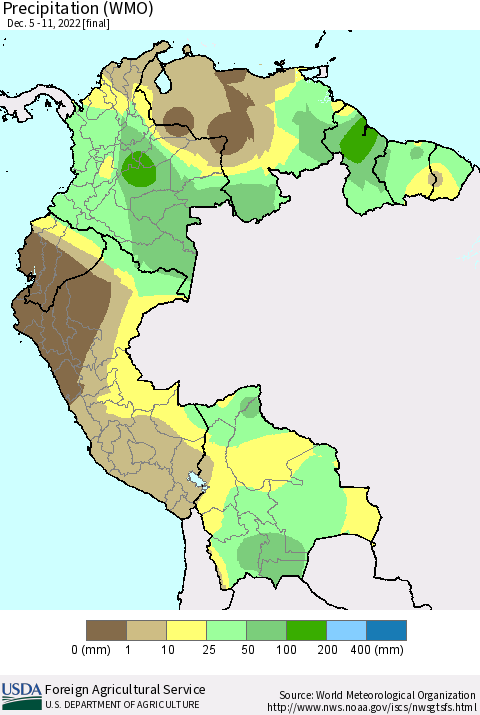 Northern South America Precipitation (WMO) Thematic Map For 12/5/2022 - 12/11/2022