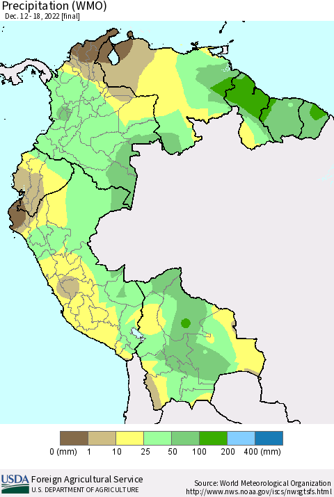 Northern South America Precipitation (WMO) Thematic Map For 12/12/2022 - 12/18/2022