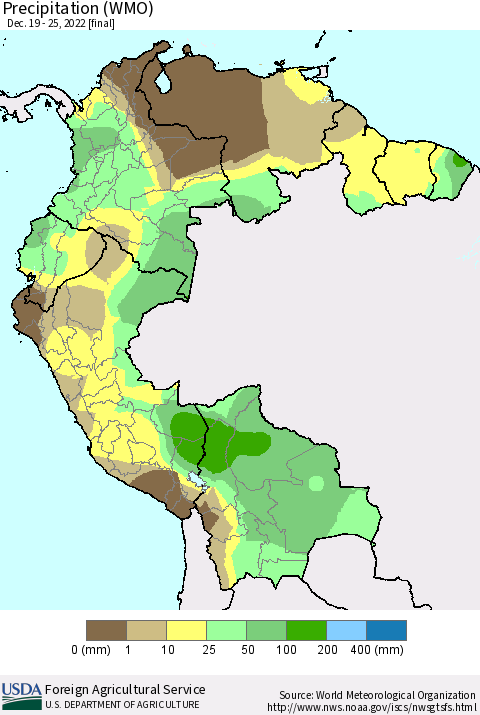 Northern South America Precipitation (WMO) Thematic Map For 12/19/2022 - 12/25/2022