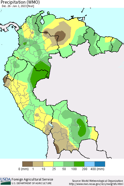 Northern South America Precipitation (WMO) Thematic Map For 12/26/2022 - 1/1/2023