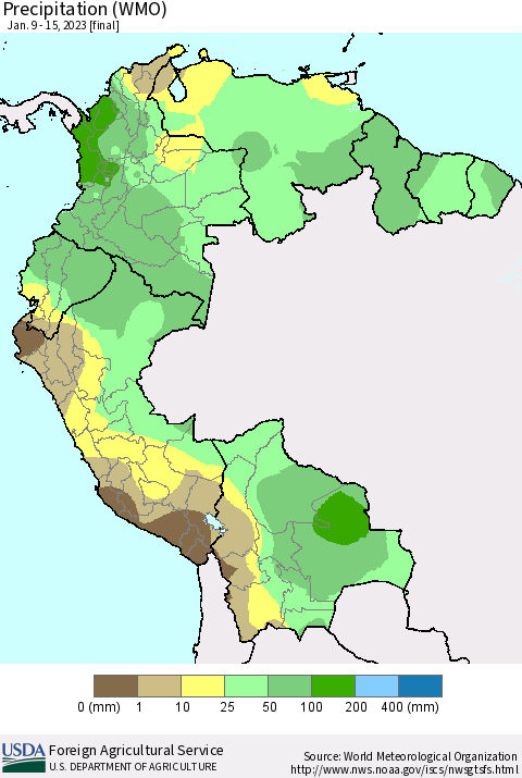 Northern South America Precipitation (WMO) Thematic Map For 1/9/2023 - 1/15/2023
