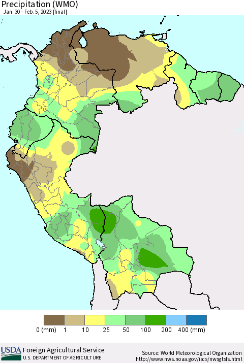 Northern South America Precipitation (WMO) Thematic Map For 1/30/2023 - 2/5/2023