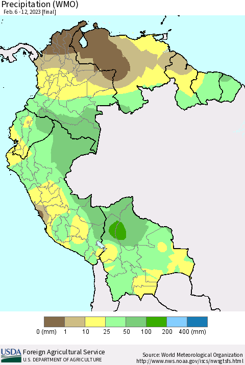 Northern South America Precipitation (WMO) Thematic Map For 2/6/2023 - 2/12/2023