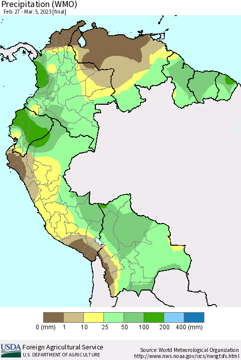 Northern South America Precipitation (WMO) Thematic Map For 2/27/2023 - 3/5/2023