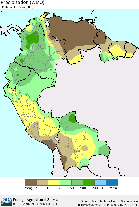 Northern South America Precipitation (WMO) Thematic Map For 3/13/2023 - 3/19/2023