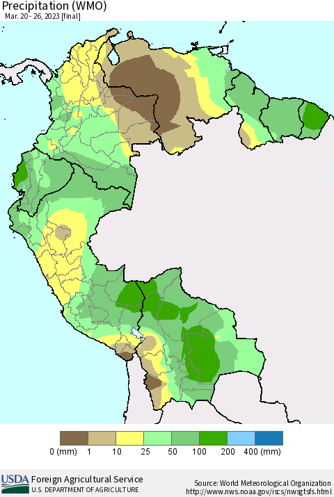 Northern South America Precipitation (WMO) Thematic Map For 3/20/2023 - 3/26/2023
