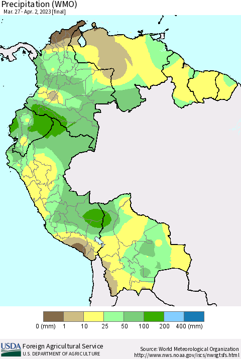 Northern South America Precipitation (WMO) Thematic Map For 3/27/2023 - 4/2/2023
