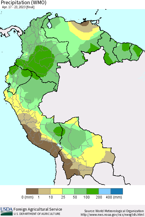 Northern South America Precipitation (WMO) Thematic Map For 4/17/2023 - 4/23/2023