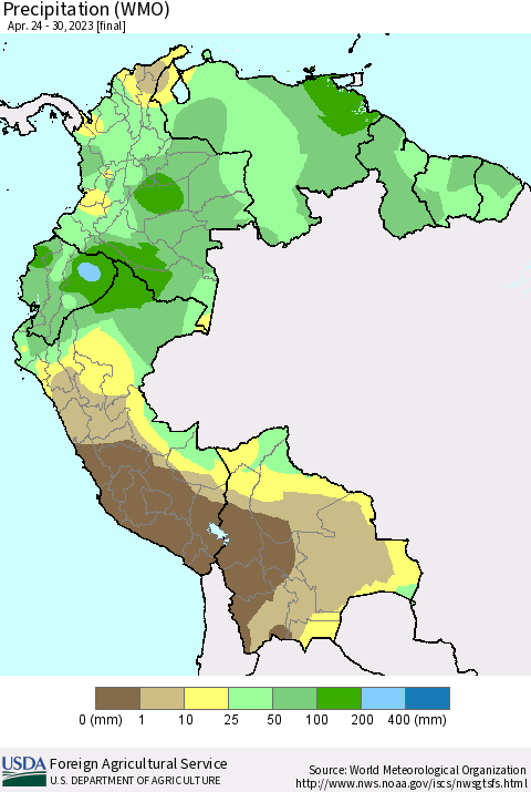 Northern South America Precipitation (WMO) Thematic Map For 4/24/2023 - 4/30/2023