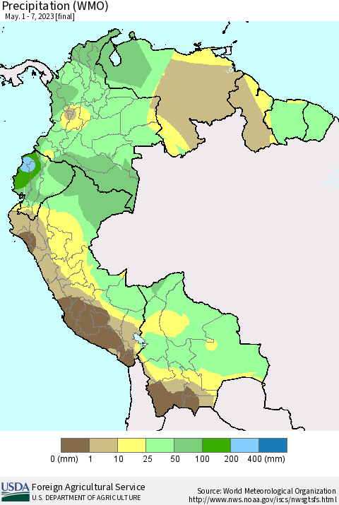 Northern South America Precipitation (WMO) Thematic Map For 5/1/2023 - 5/7/2023