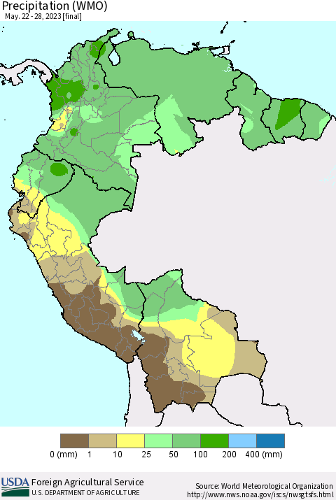 Northern South America Precipitation (WMO) Thematic Map For 5/22/2023 - 5/28/2023