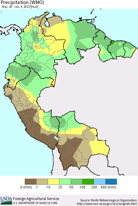 Northern South America Precipitation (WMO) Thematic Map For 5/29/2023 - 6/4/2023