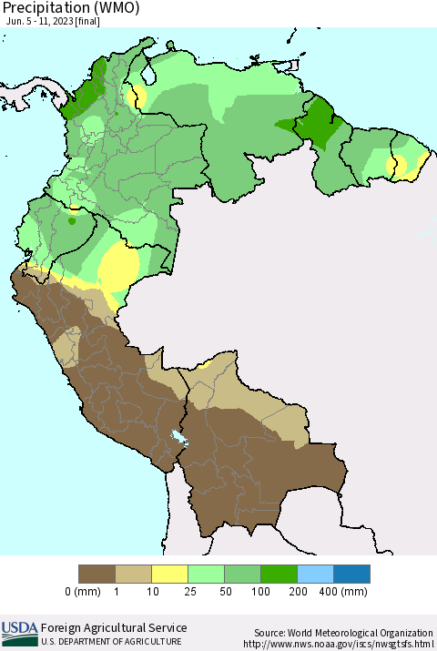 Northern South America Precipitation (WMO) Thematic Map For 6/5/2023 - 6/11/2023