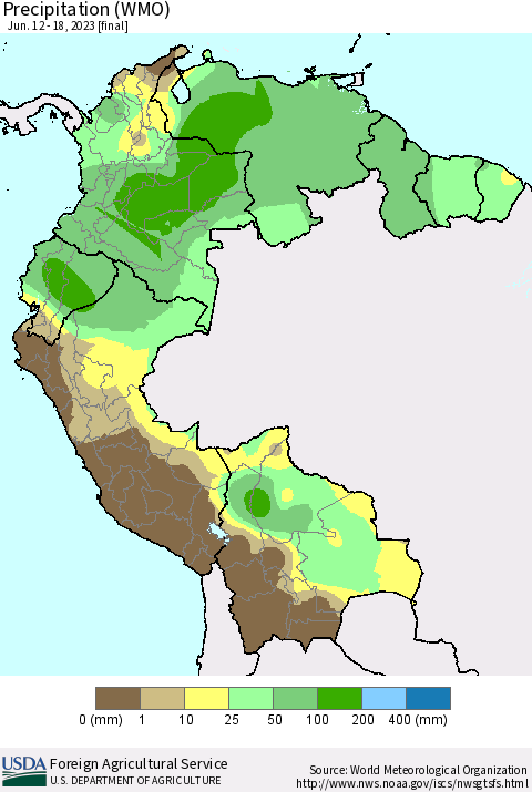 Northern South America Precipitation (WMO) Thematic Map For 6/12/2023 - 6/18/2023