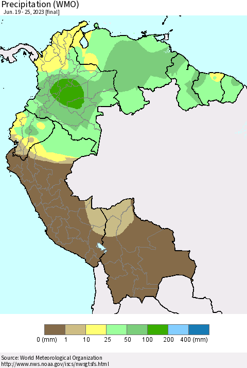 Northern South America Precipitation (WMO) Thematic Map For 6/19/2023 - 6/25/2023
