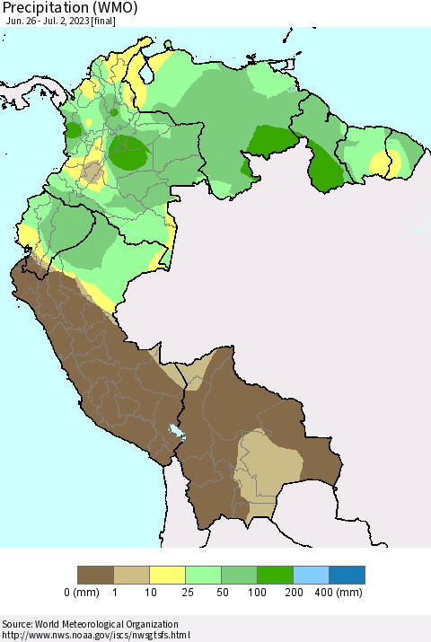 Northern South America Precipitation (WMO) Thematic Map For 6/26/2023 - 7/2/2023