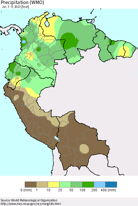 Northern South America Precipitation (WMO) Thematic Map For 7/3/2023 - 7/9/2023