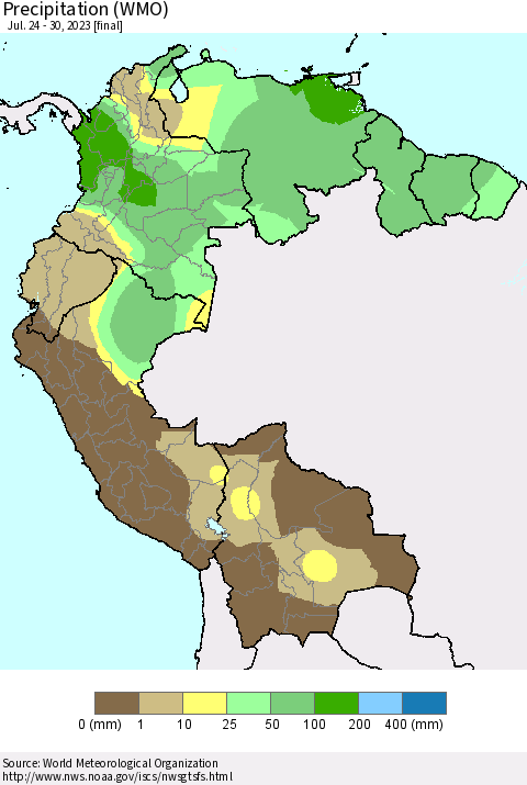 Northern South America Precipitation (WMO) Thematic Map For 7/24/2023 - 7/30/2023