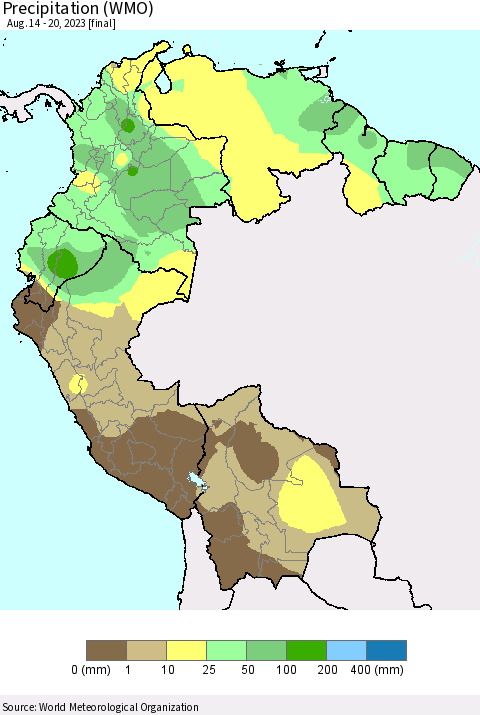 Northern South America Precipitation (WMO) Thematic Map For 8/14/2023 - 8/20/2023