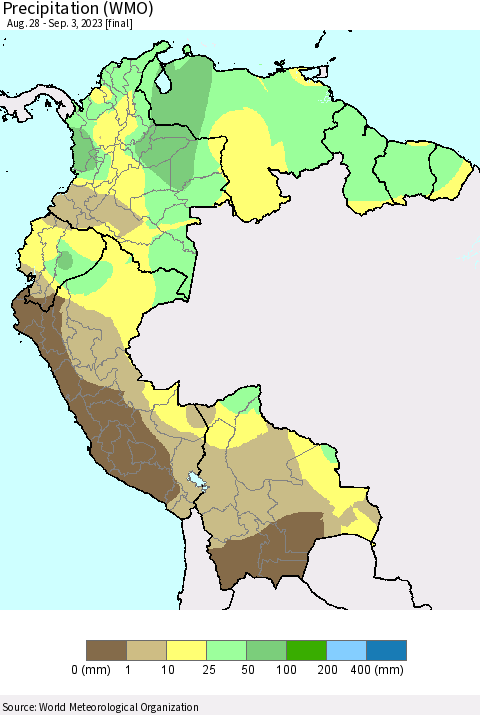Northern South America Precipitation (WMO) Thematic Map For 8/28/2023 - 9/3/2023