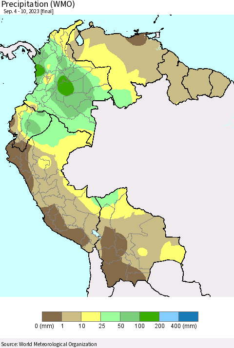 Northern South America Precipitation (WMO) Thematic Map For 9/4/2023 - 9/10/2023