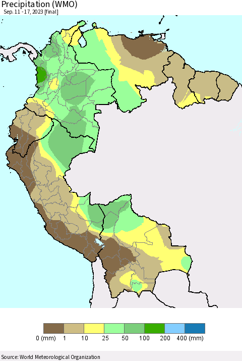 Northern South America Precipitation (WMO) Thematic Map For 9/11/2023 - 9/17/2023