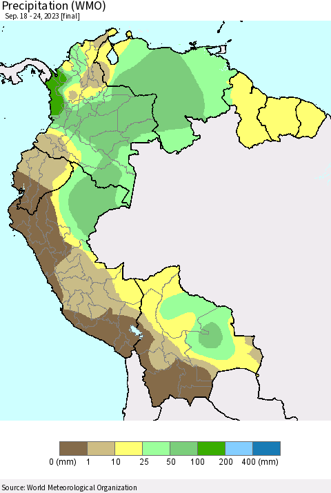 Northern South America Precipitation (WMO) Thematic Map For 9/18/2023 - 9/24/2023