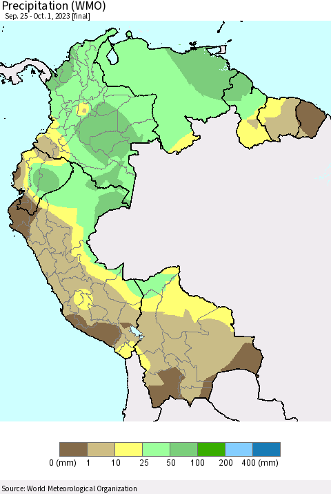 Northern South America Precipitation (WMO) Thematic Map For 9/25/2023 - 10/1/2023