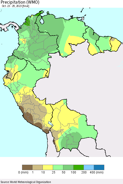 Northern South America Precipitation (WMO) Thematic Map For 10/23/2023 - 10/29/2023