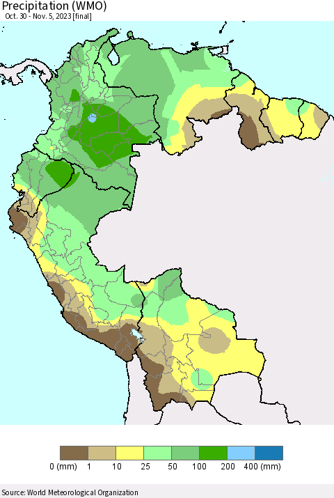 Northern South America Precipitation (WMO) Thematic Map For 10/30/2023 - 11/5/2023