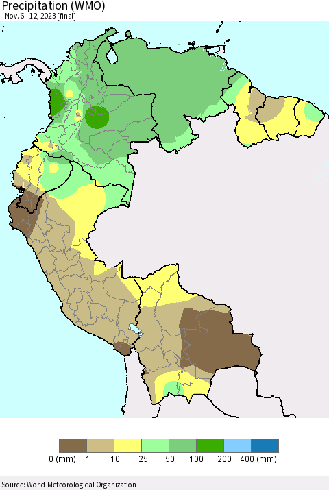 Northern South America Precipitation (WMO) Thematic Map For 11/6/2023 - 11/12/2023