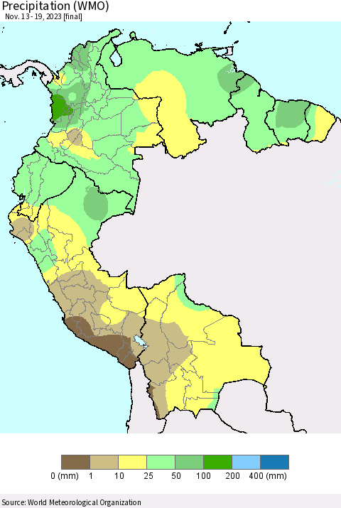 Northern South America Precipitation (WMO) Thematic Map For 11/13/2023 - 11/19/2023