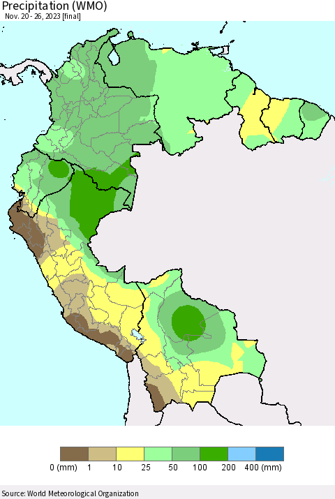 Northern South America Precipitation (WMO) Thematic Map For 11/20/2023 - 11/26/2023