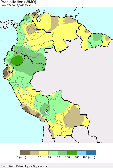 Northern South America Precipitation (WMO) Thematic Map For 11/27/2023 - 12/3/2023