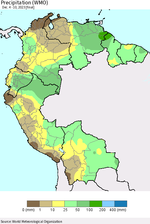Northern South America Precipitation (WMO) Thematic Map For 12/4/2023 - 12/10/2023