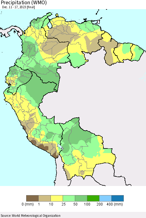 Northern South America Precipitation (WMO) Thematic Map For 12/11/2023 - 12/17/2023