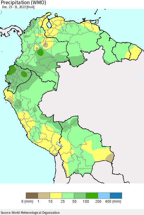 Northern South America Precipitation (WMO) Thematic Map For 12/25/2023 - 12/31/2023