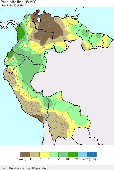 Northern South America Precipitation (WMO) Thematic Map For 1/8/2024 - 1/14/2024