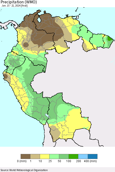 Northern South America Precipitation (WMO) Thematic Map For 1/15/2024 - 1/21/2024