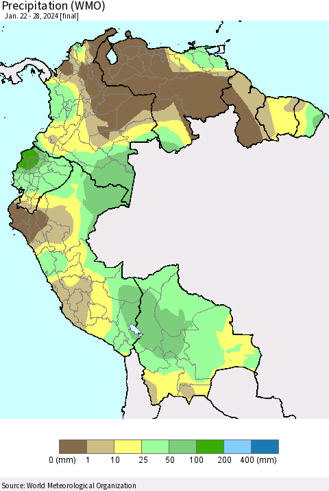 Northern South America Precipitation (WMO) Thematic Map For 1/22/2024 - 1/28/2024
