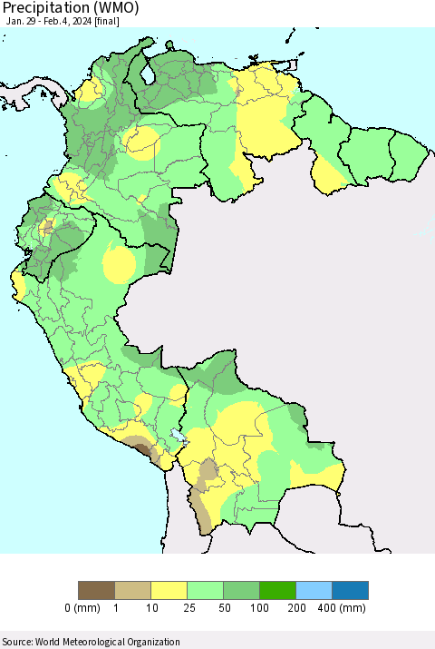 Northern South America Precipitation (WMO) Thematic Map For 1/29/2024 - 2/4/2024