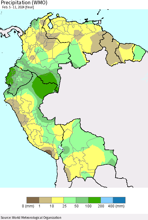 Northern South America Precipitation (WMO) Thematic Map For 2/5/2024 - 2/11/2024