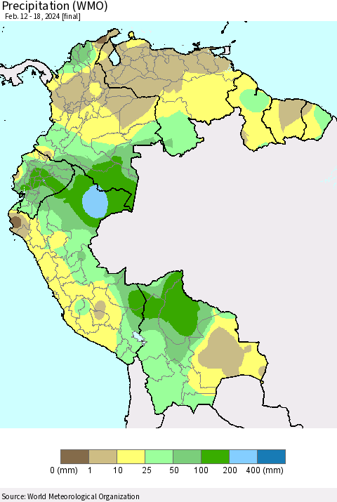 Northern South America Precipitation (WMO) Thematic Map For 2/12/2024 - 2/18/2024