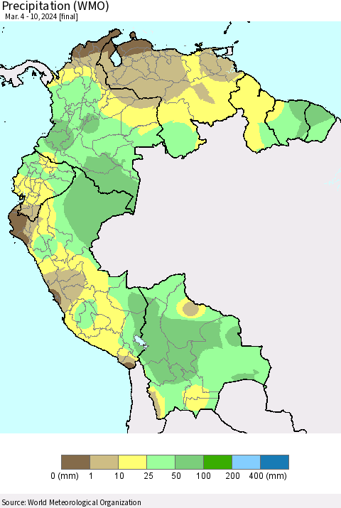 Northern South America Precipitation (WMO) Thematic Map For 3/4/2024 - 3/10/2024