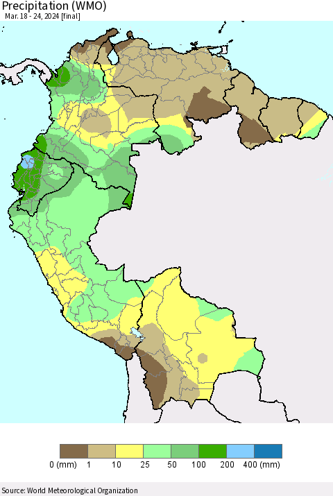 Northern South America Precipitation (WMO) Thematic Map For 3/18/2024 - 3/24/2024