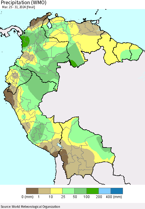 Northern South America Precipitation (WMO) Thematic Map For 3/25/2024 - 3/31/2024