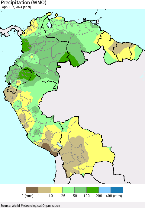 Northern South America Precipitation (WMO) Thematic Map For 4/1/2024 - 4/7/2024
